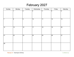 Basic Calendar for February 2027