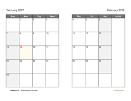 February 2027 Calendar on two pages