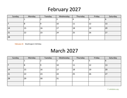 february and march 2027 calendar