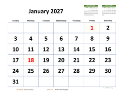 January 2027 Calendar with Extra-large Dates