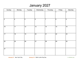 Basic Calendar for January 2027