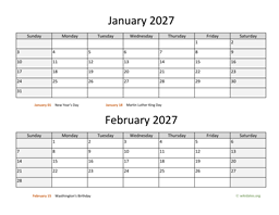 january and february 2027 calendar