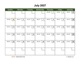 July 2027 Calendar with Day Numbers