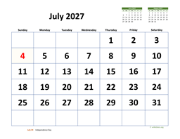 July 2027 Calendar with Extra-large Dates