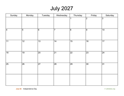 Basic Calendar for July 2027