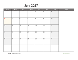 July 2027 Calendar with Notes