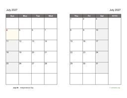 July 2027 Calendar on two pages