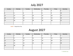 july and august 2027 calendar