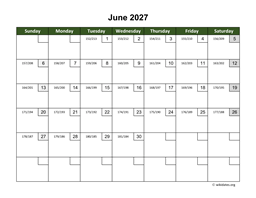 June 2027 Calendar with Day Numbers
