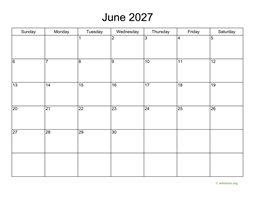 Basic Calendar for June 2027