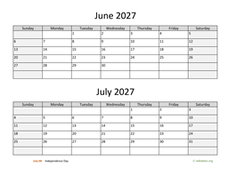 june and july 2027 calendar