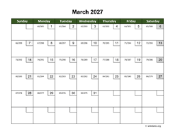 March 2027 Calendar with Day Numbers