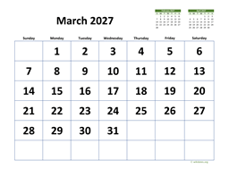 March 2027 Calendar with Extra-large Dates