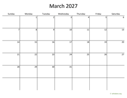 March 2027 Calendar with Bigger boxes