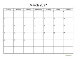 Basic Calendar for March 2027