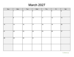 March 2027 Calendar with Weekend Shaded