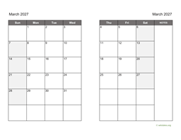 March 2027 Calendar on two pages