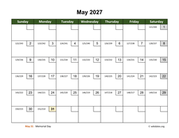 May 2027 Calendar with Day Numbers