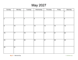 Basic Calendar for May 2027