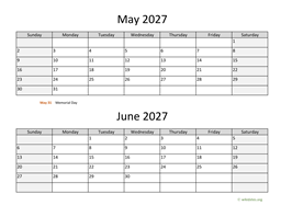 May and June 2027 Calendar