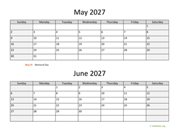 may and june 2027 calendar