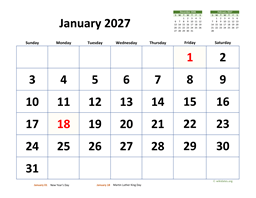 Monthly 2027 Calendar with Extra-large Dates
