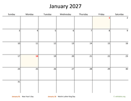 Monthly 2027 Calendar with Bigger boxes