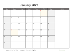 Monthly 2027 Calendar with Notes