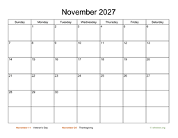 Basic Calendar for November 2027