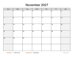 November 2027 Calendar with Weekend Shaded