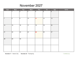 November 2027 Calendar with Notes
