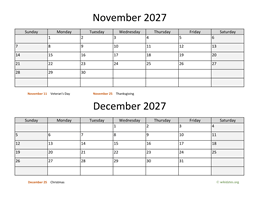 November and December 2027 Calendar