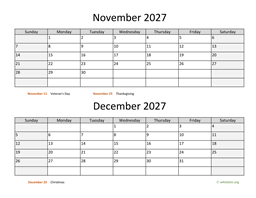 november and december 2027 calendar