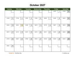 October 2027 Calendar with Day Numbers