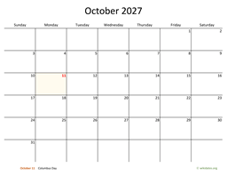 October 2027 Calendar with Bigger boxes