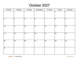 Basic Calendar for October 2027