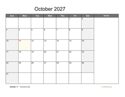October 2027 Calendar with Notes