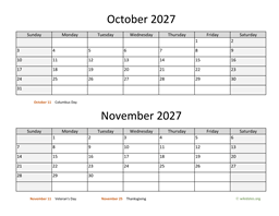 October and November 2027 Calendar