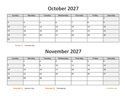 october and november 2027 calendar