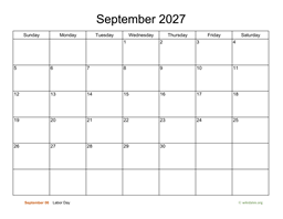 Basic Calendar for September 2027