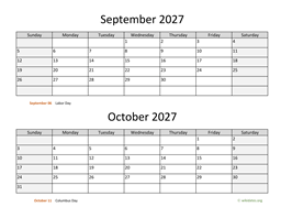 september and october 2027 calendar