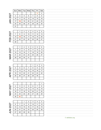 six months 2027 calendar vertical with notes
