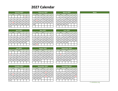 Yearly Printable 2027 Calendar with Notes