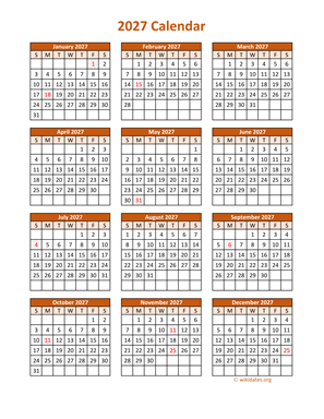 Full Year 2027 Calendar on one page