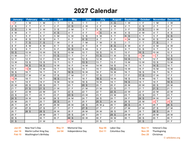 2027 Calendar Horizontal, One Page