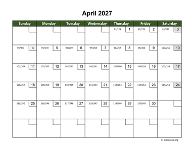 April 2027 Calendar with Day Numbers