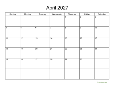 Basic Calendar for April 2027