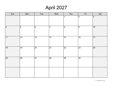 April 2027 Calendar with Weekend Shaded