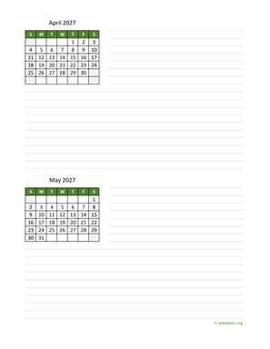 April and May 2027 Calendar with Notes