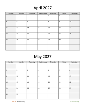 April and May 2027 Calendar Vertical